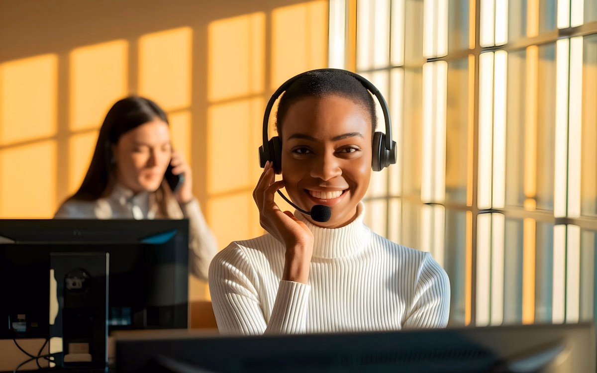 Customer support agent wearing a headset and smiling at a desk