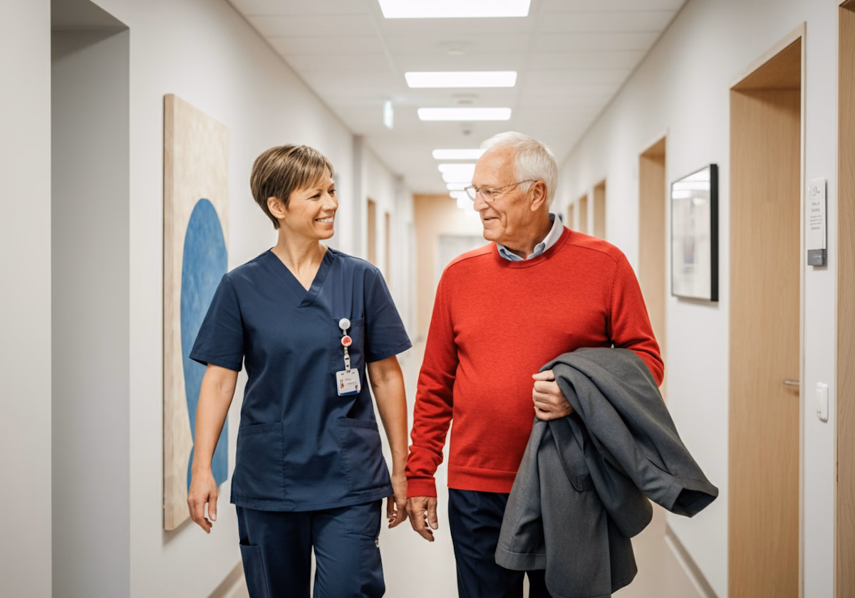 Nurse walking with a patient along a clinic corridor